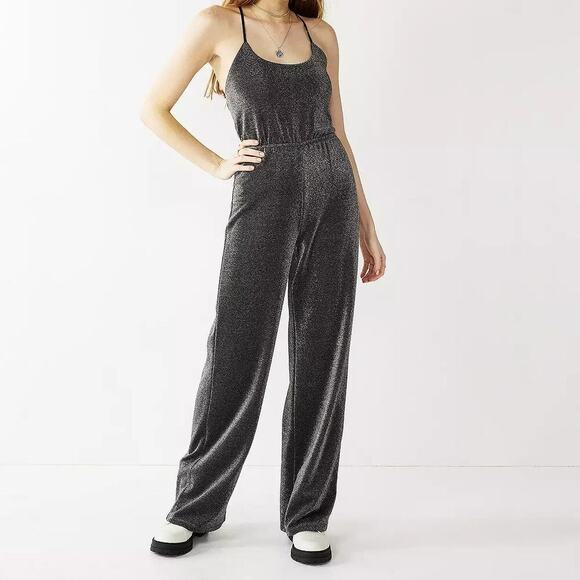 SO Black Silver Metallic Lightweight Spaghetti Straps Open Back Jumpsuit Size S - Picture 1 of 6